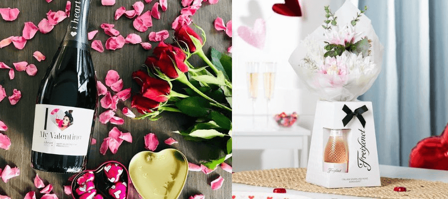 (L-R) Personalised I heart Prosecco bottles and Italian Sparkling Rose & flowers gift set